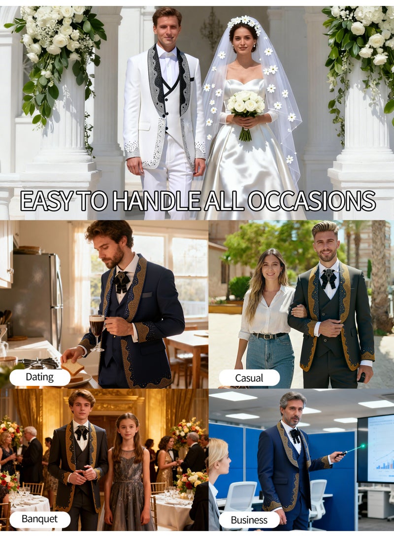 3 Pcs Men Suit Hot-fixed Rhinestone Shawl Collar One Button Flap Pockets for Wedding Party Engagement Men Elegant Outfit - Image 4